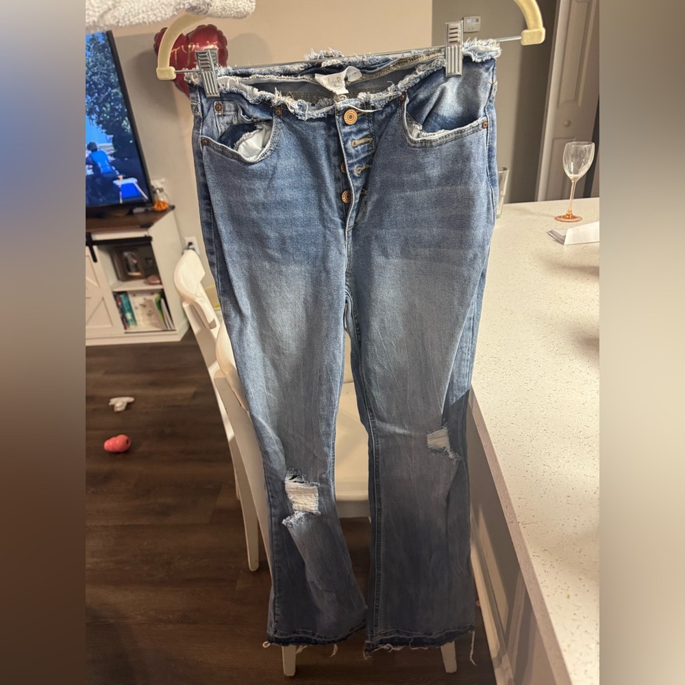 Frayed Hem Blue Flare Jeans